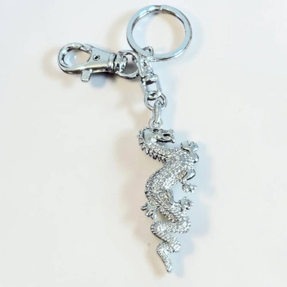 Silver Tone Dragon Keychain Rhinestone Crystal Bag Charm Lobster Clasp Accessory